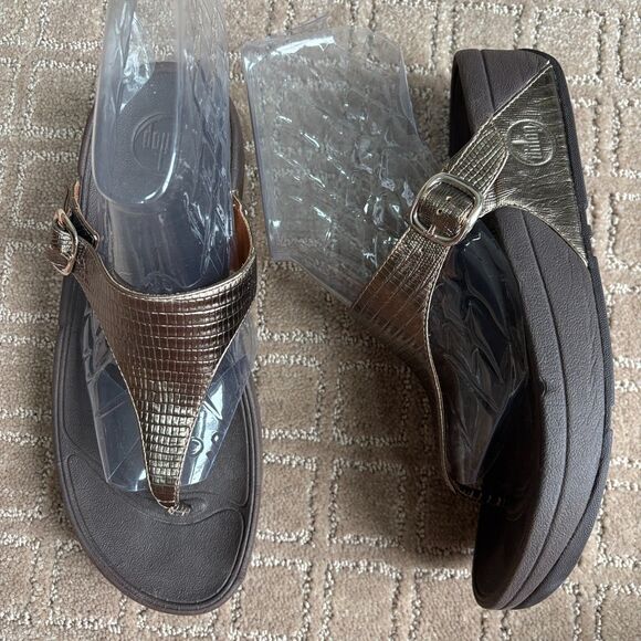 FitFlop The Skinny Thong Leather Sandal Women's 8 Bronze Brown Comfort Wedge - Picture 1 of 7